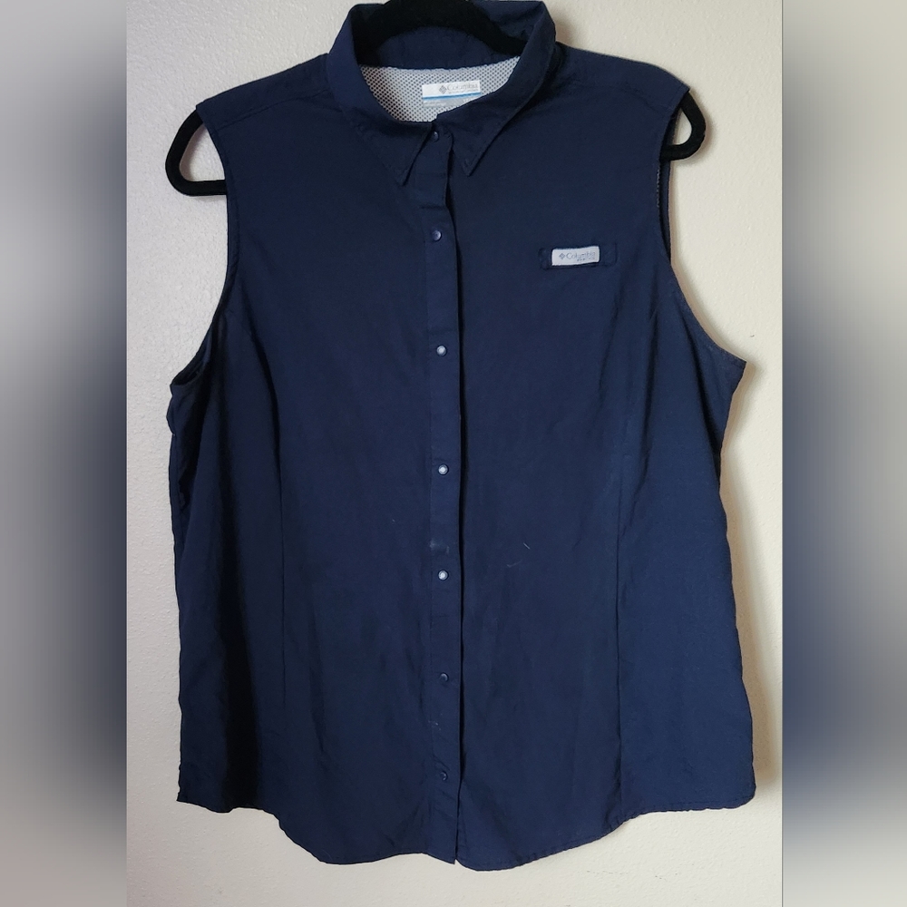 Women's Columbia 1X Navy Blue PFG Tamiami Sleeveless Sport Outdoor Fishing Casua